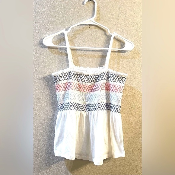 Baby Doll Top Juniors Size M Smocked Adjustable Spaghetti Straps White Red Blue - Picture 1 of 7